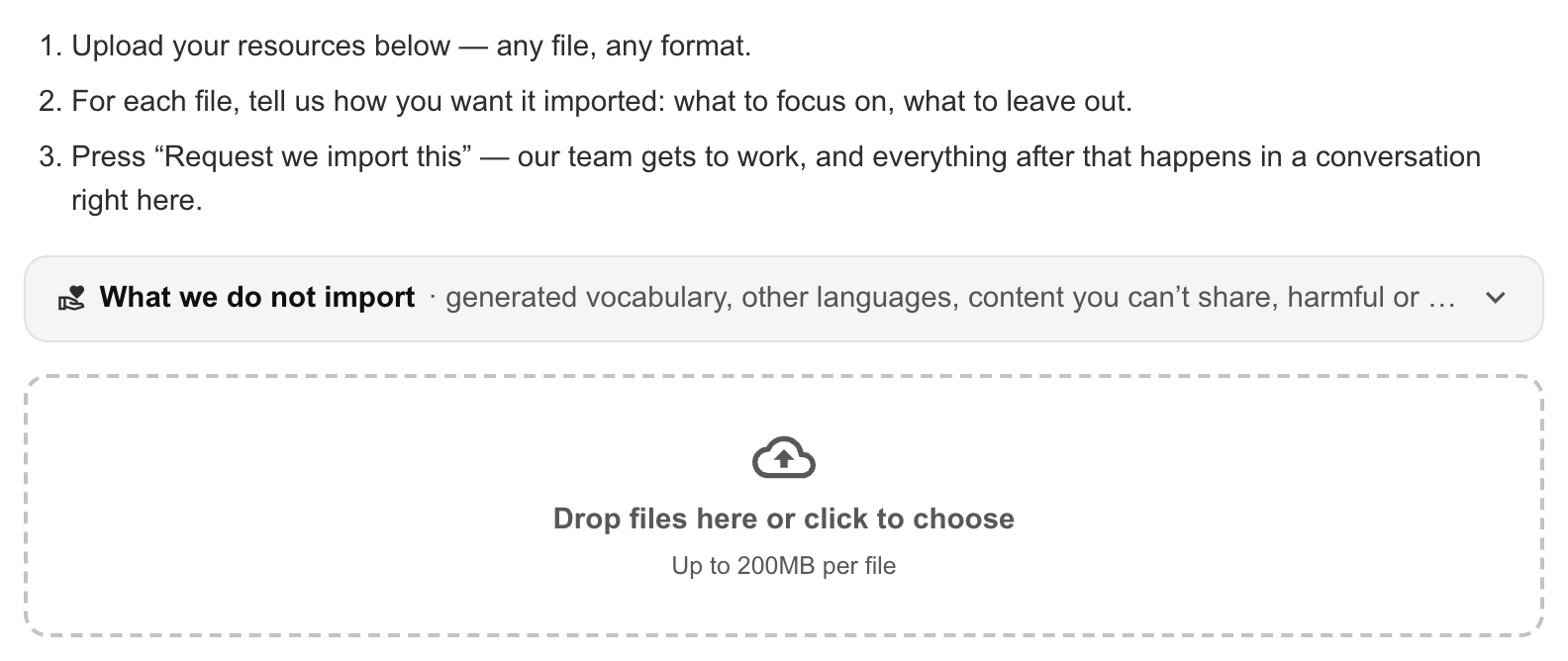 The Import page: steps and the box to drop files into